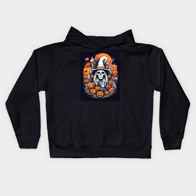 scary witch with pumpkins Kids Hoodie by Maverick Media